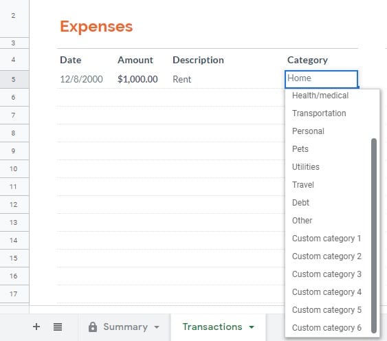 From Transactions page, see if all categories are in the drop-down
