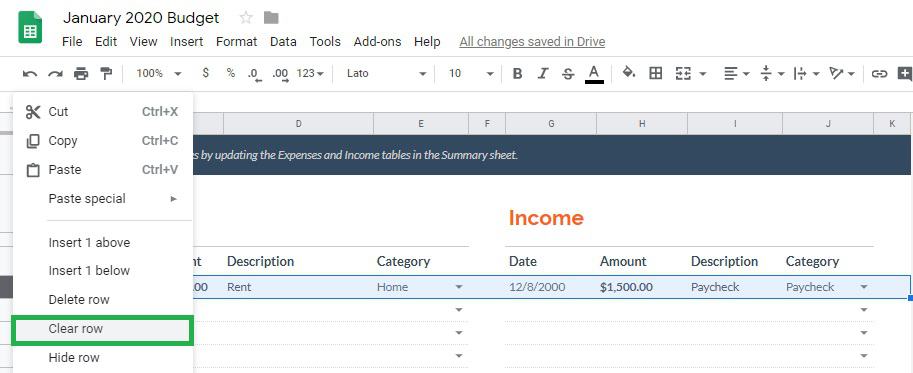 Delete pre-filled lines from Transactions sheet