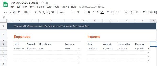 Google Sheets monthly budget template Transactions tab 