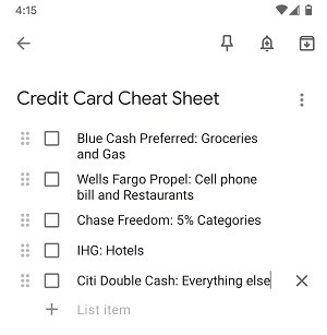 Credit card cheat sheet