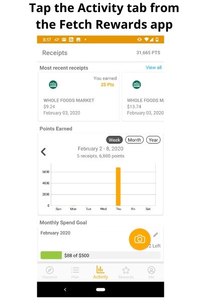 Tap the Activity tab from the Fetch Rewards app
