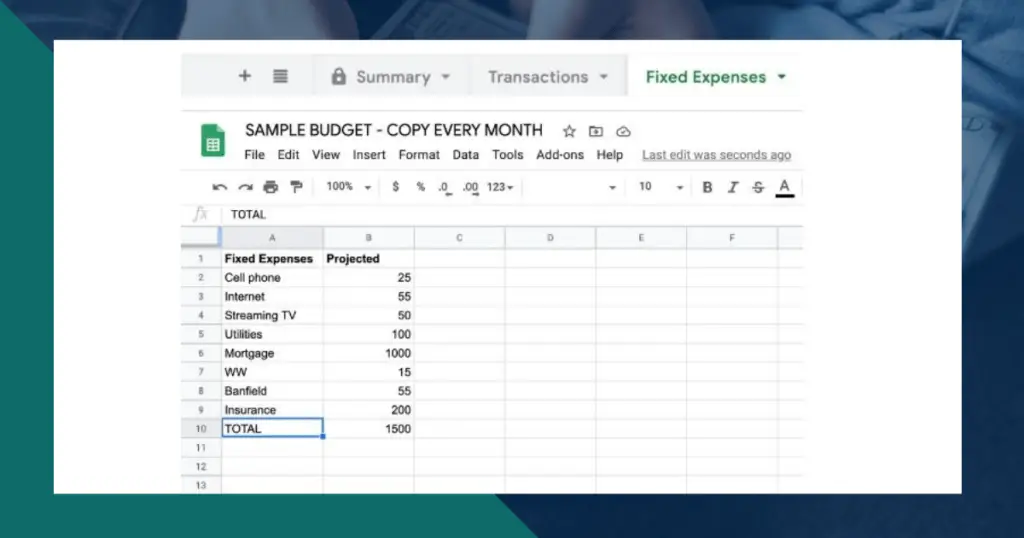 Fixed Expenses Worksheet in Google Sheets - Michael Saves Method