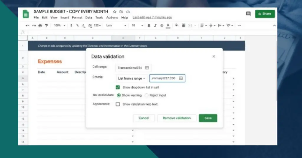 Data Validation with Google Sheets Budget Template