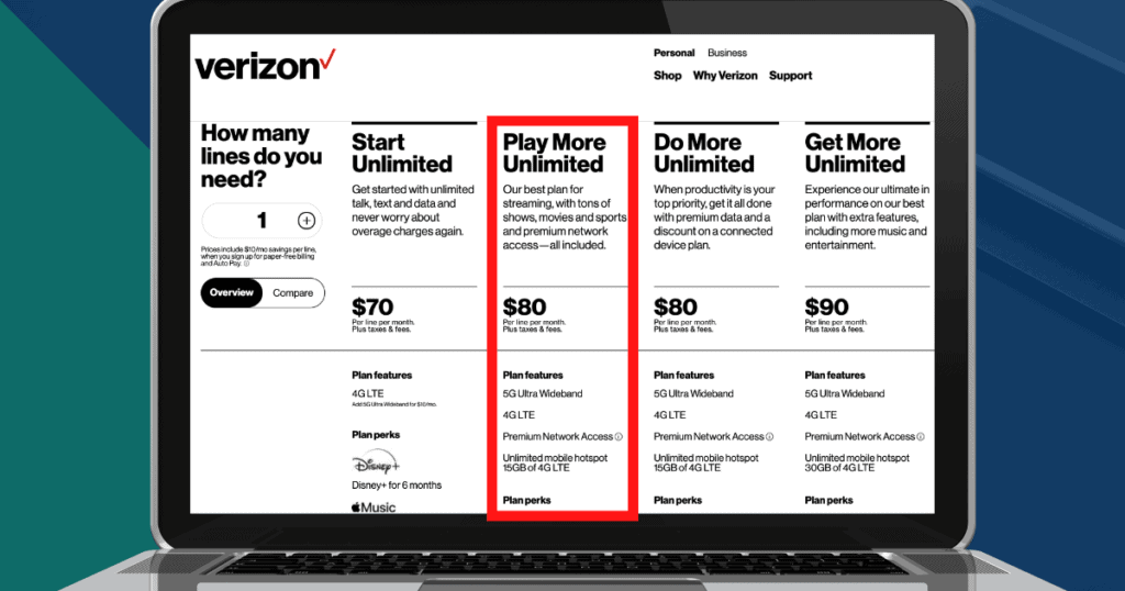 Verizon's unlimited plans, including Play More for $80/month with autopay