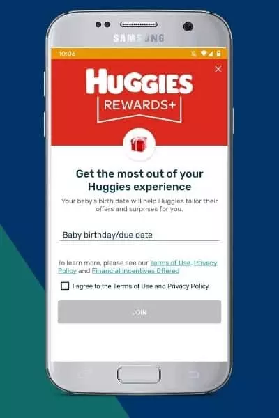 Opt-in to Huggies Rewards+ by entering a baby birthday/due date and agreeing to the Terms of Use and Privacy Policy