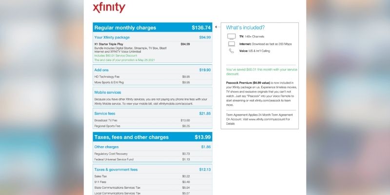 Comcast Xfinity Cable Bill for Triple Play 