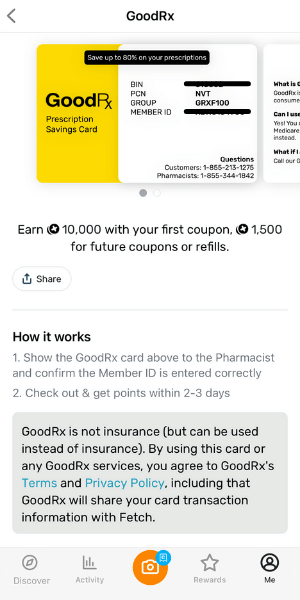 GoodRx savings card in Fetch app