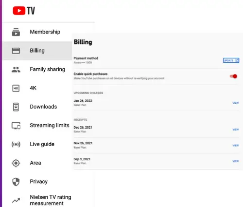 YouTube TV billing information change on a computer