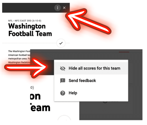 Hide all scores for this team feature from YouTube TV on a desktop

