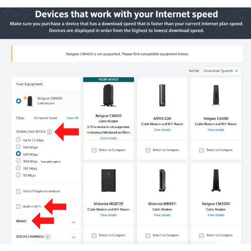 Xfinity-approved devices internet download speed, brand, built-in Wi-Fi highlighted