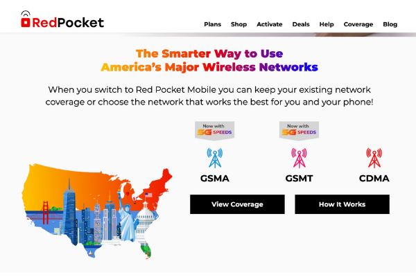 Red Pocket Mobile website with colors identifying networks; GSMA is AT&T, GSMT is T-Mobile and CDMA is Verizon