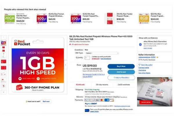 Red Pocket eBay exclusive plan screenshot from April 2022