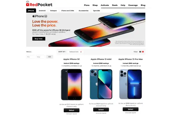 Screenshot of Red Pocket phone sales page (April 2022)
