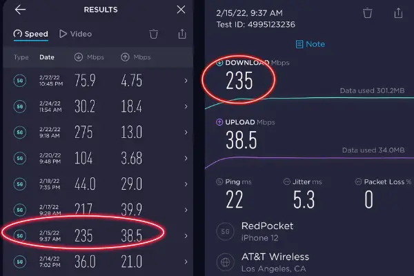Red Pocket speed test results with Speedtest app; 235 Mbps result shown 
