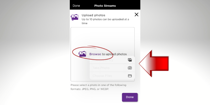 Roku Photo Streams tip: Tap the word browse to bring up photo upload options