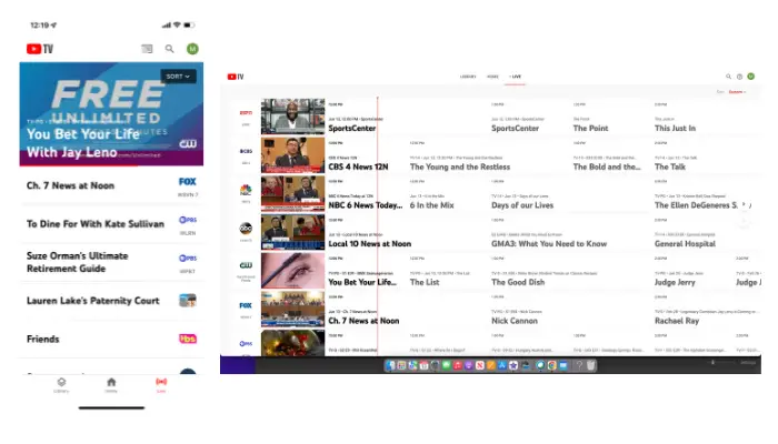 YouTube TV mobile app and web browser live guide