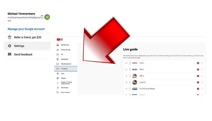 Settings and live guide from YouTube TV website