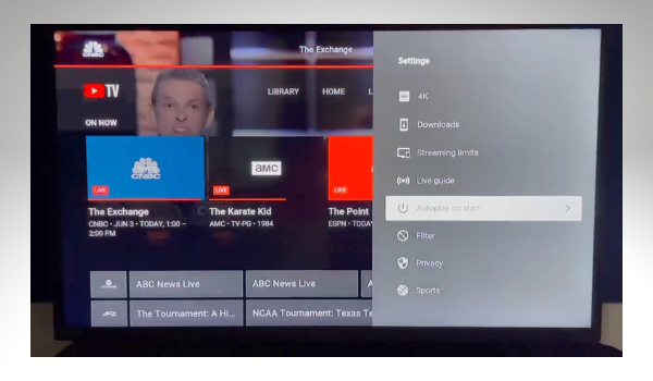YouTube TV account settings from a TV