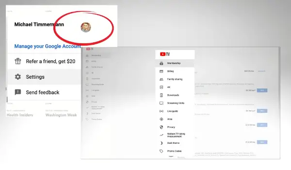 YouTube TV settings from a web browser