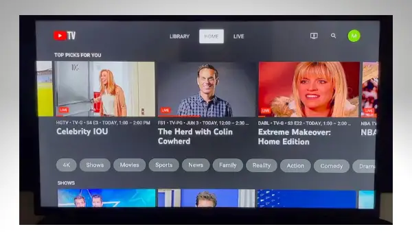 YouTube TV Home Screen