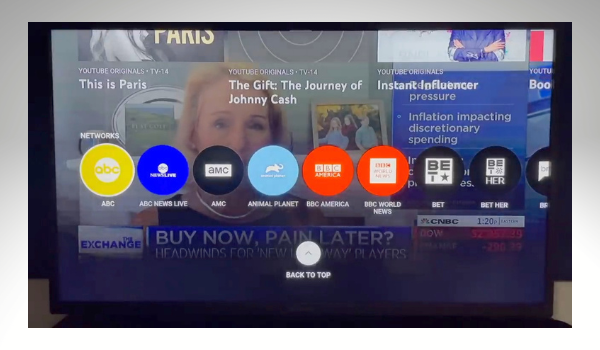 YouTube TV list of networks from home screen