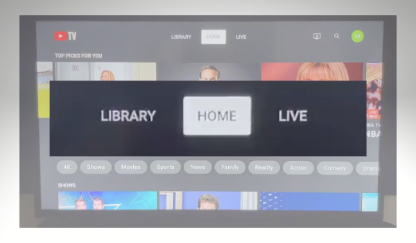 YouTube TV main navigation: Home, Library and Live