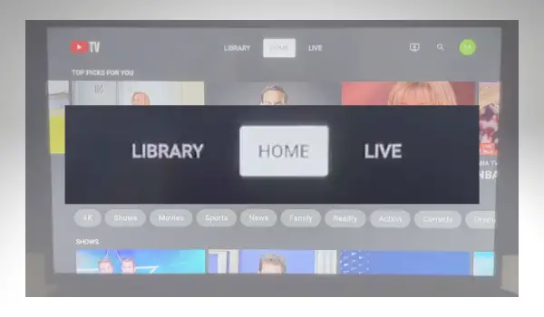 YouTube TV main navigation: Home, Library and Live