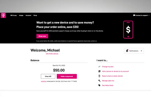T-Mobile Home Internet dashboard with billing information