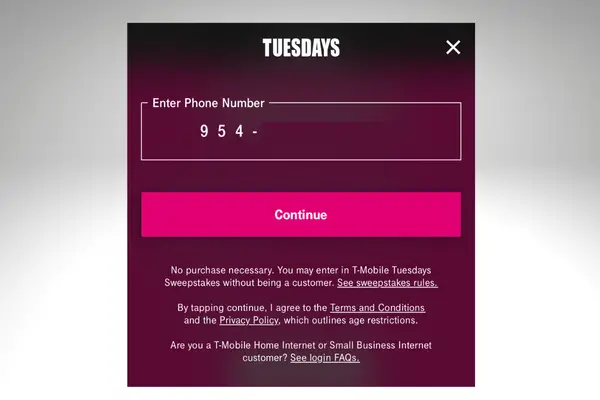 T-Mobile Home Internet customers enter internet line number instead of phone number for T-Mobile Tuesdays
