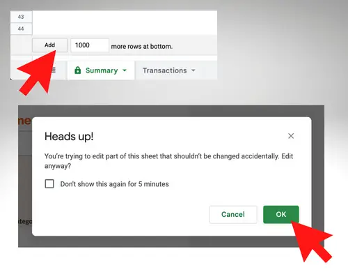 Add 1000 rows to Summary tab and click OK when you get the pop-up warning