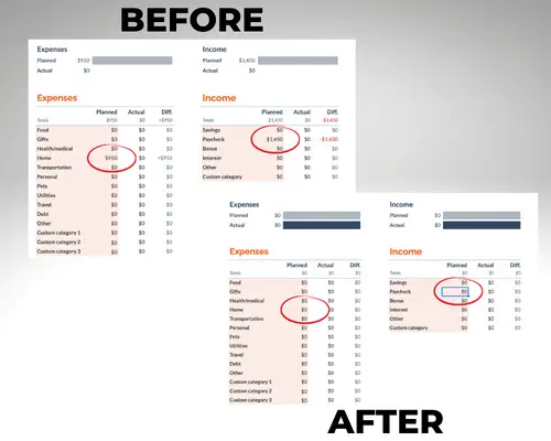 Zero out sample Home and Paycheck amounts in the Planned column of the Summary tab