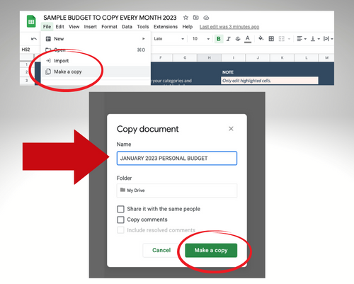 Copy sample budget and rename for the month