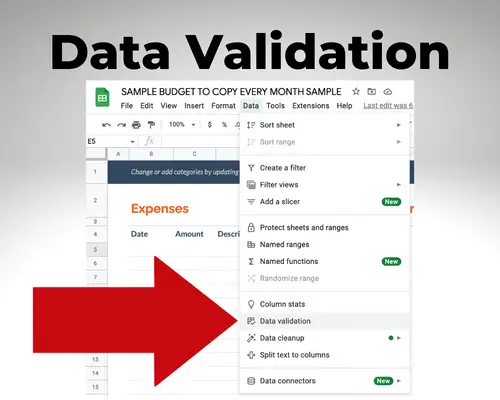 Data validation screen Google Sheets