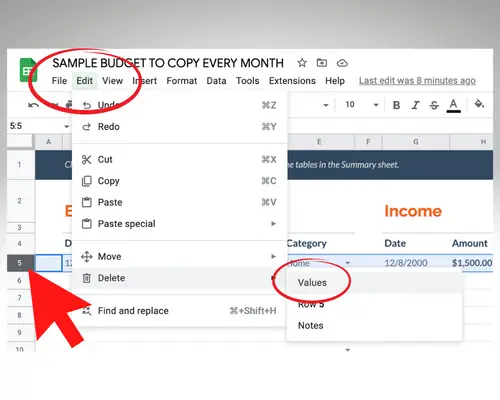 Google Sheets Monthly Budget - Delete Sample Transactions