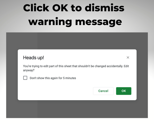 Click OK to dismiss warning message after adding new rows