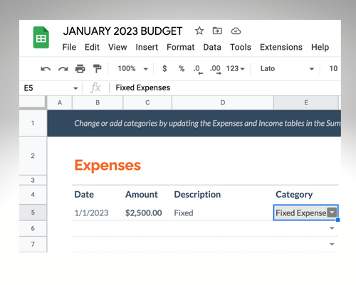 Log fixed expenses on Transactions spreadsheet