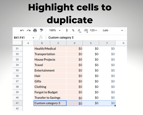 Highlight cells to duplicate from Summary tab, expense categories
