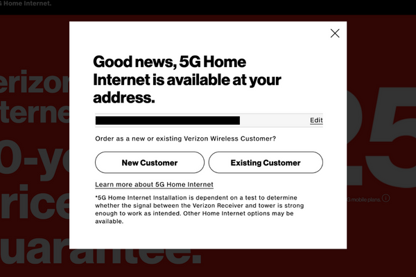 Verizon 5G Home Internet check availability page 