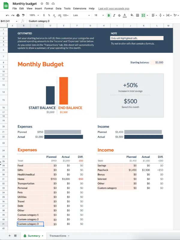 Bare-bones Google Sheets budget template with only 3 custom categories shown