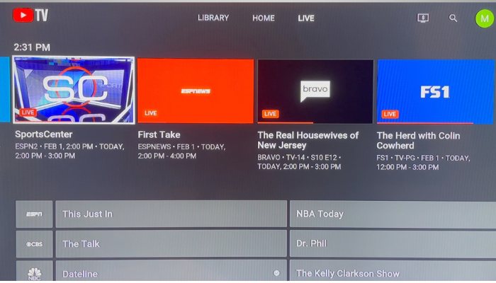 YouTube TV Live Guide with on now section and clock (2023 update) 