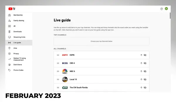 YouTube TV customize live guide from computer