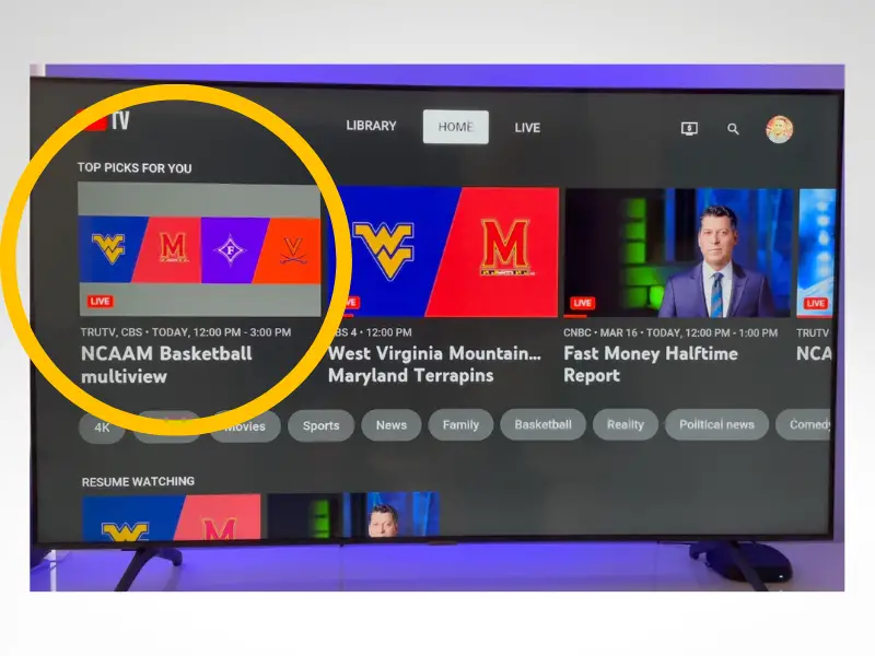 Multiview on YouTube TV home screen