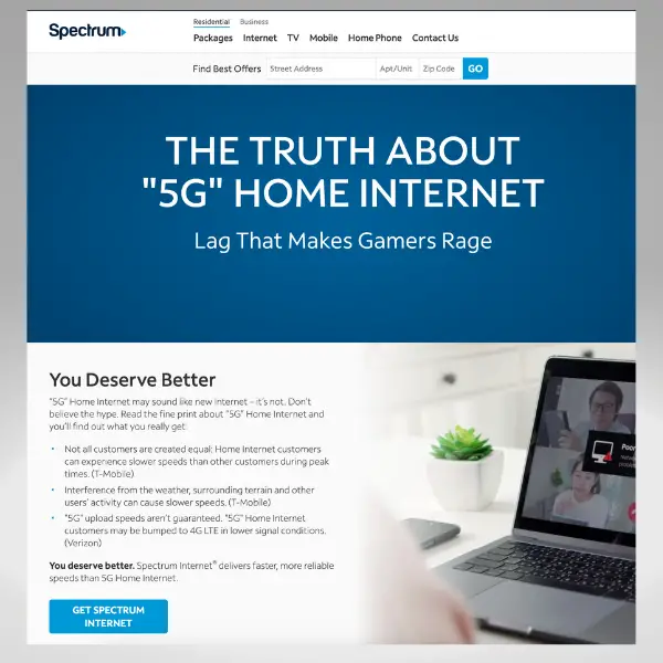Spectrum Mobile's website about 5G home internet