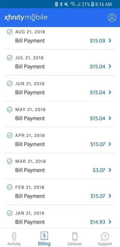 Xfinity Mobile bill 
