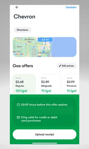 Chevron Upside app example with receipt required
