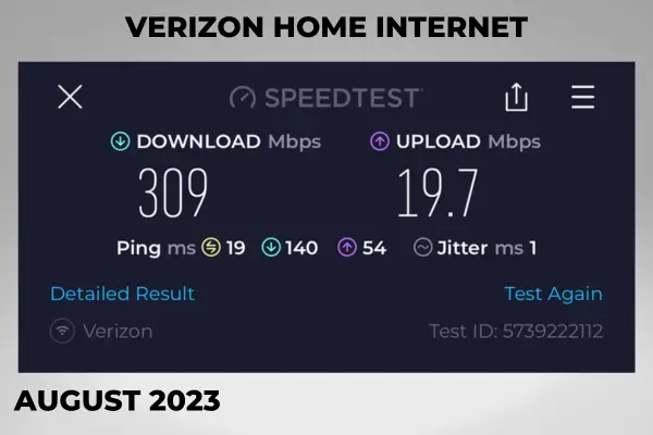 Verizon Home Internet August 2023 Download Speed (Speedtest.net) 