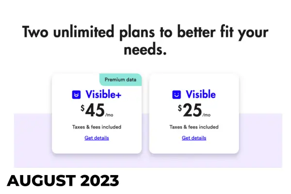 Visible plans August 2023 updated pricing
