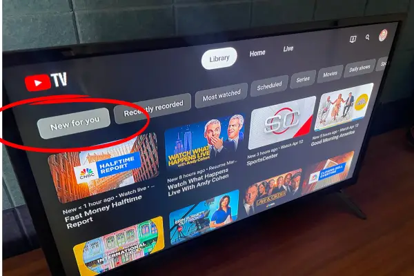 YouTube TV redesigned Library (DVR) section with category tabs along the top of the screen 