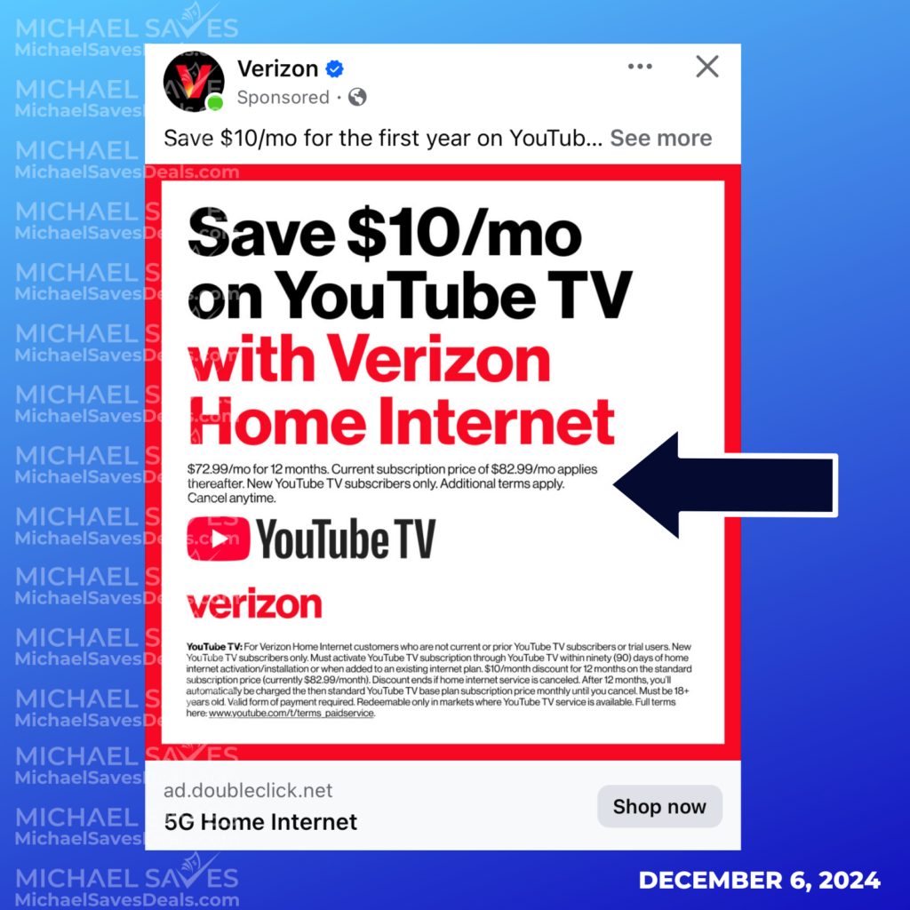 Verizon's ad for YouTube TV discount reflecting $82.99/month regular price